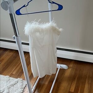 White Strapless Dress with Feather Trim